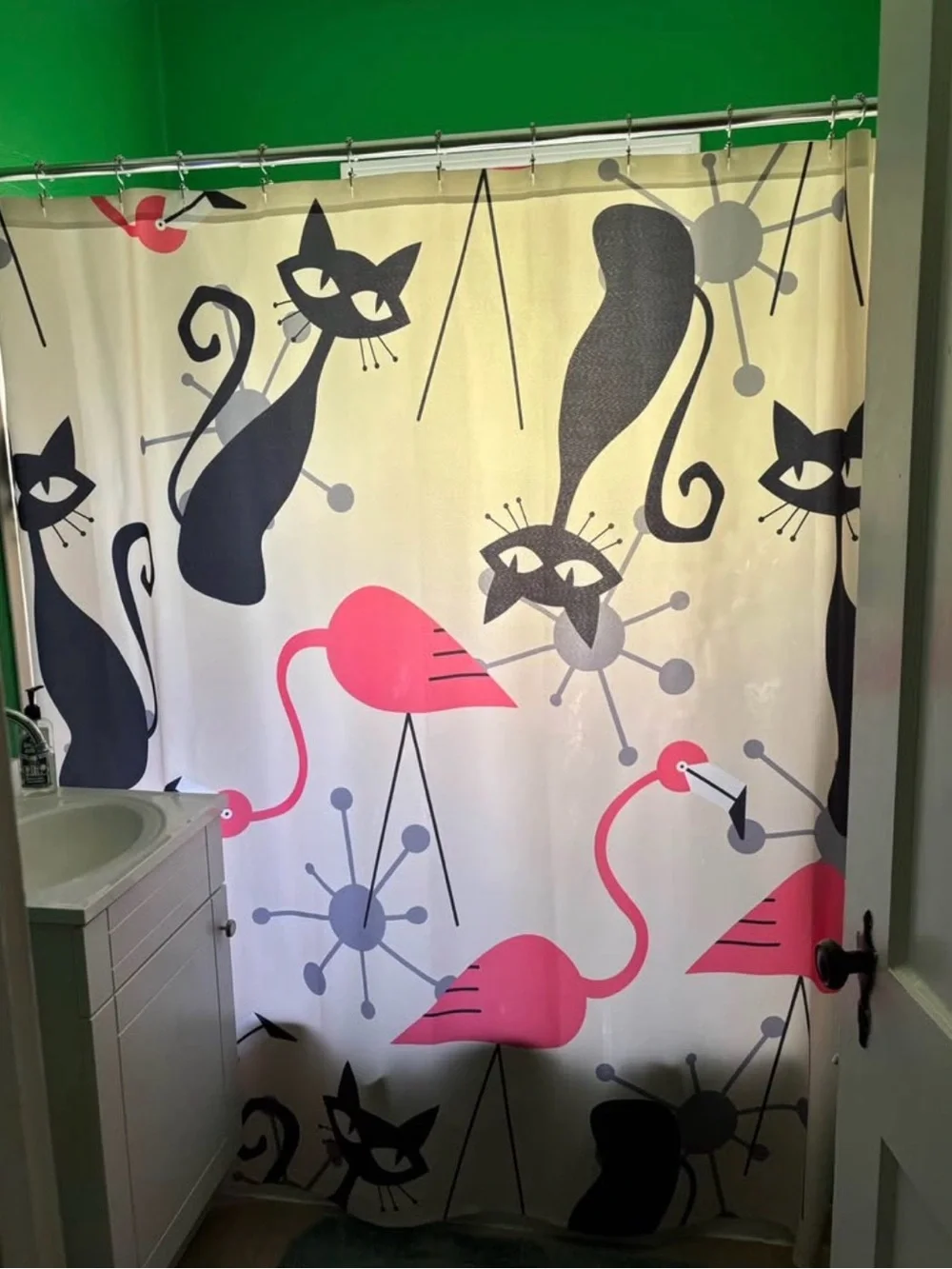 Retro Pink & Black Cat and Flamingo Shower Curtain - Pet Theme